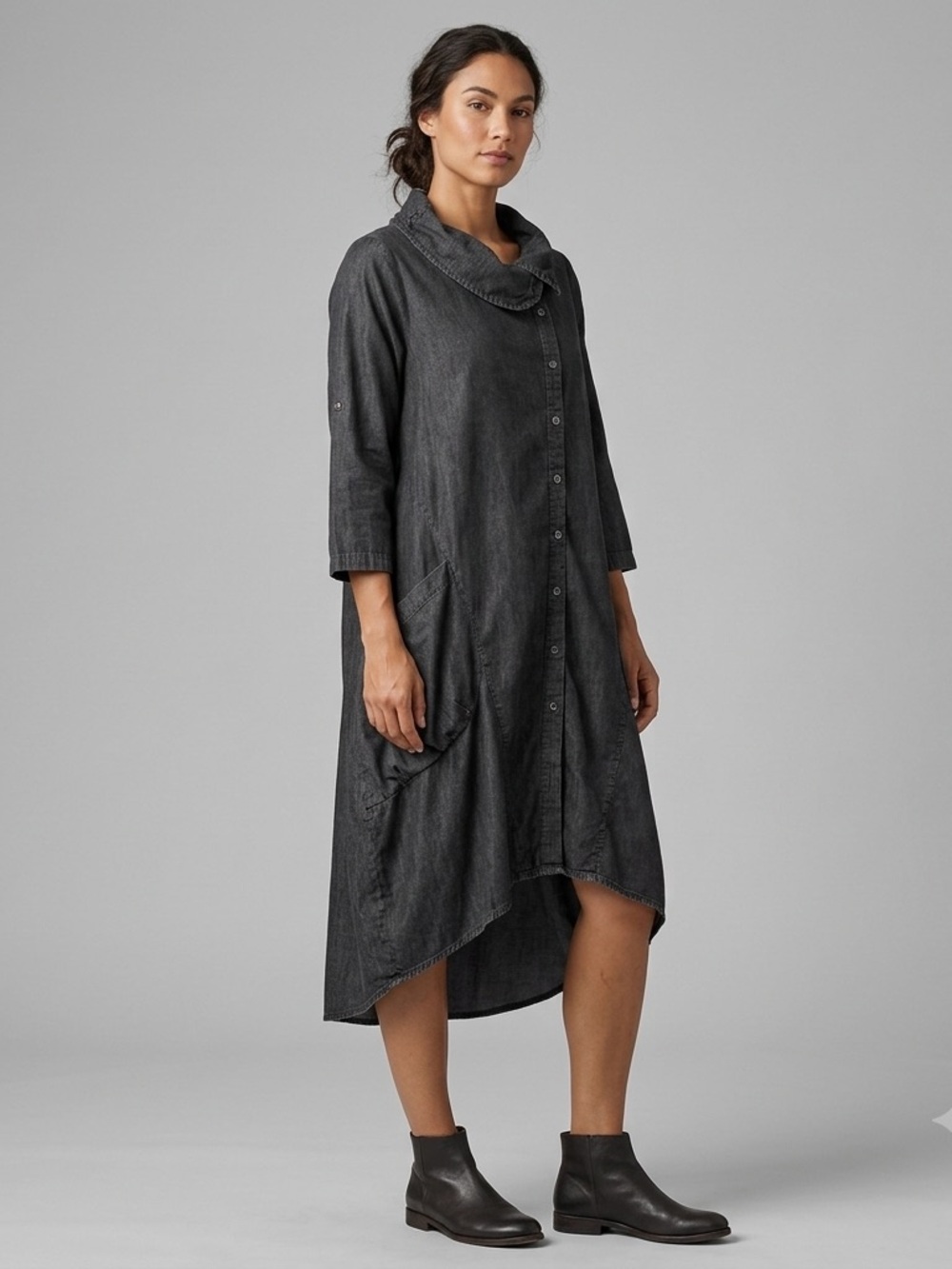 Charcoal Button-Front High-Low Shirt Dress Cotton Italy M